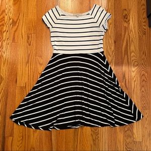 LOFT Petites black and white striped flare short sleeve dress